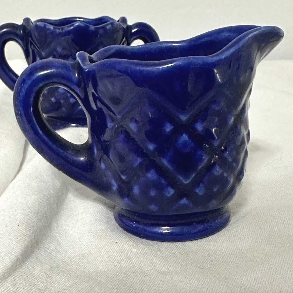 Vintage Mini Cream and Sugar Set Cobalt Blue Excellent Quilted Ceramic Tea Retro